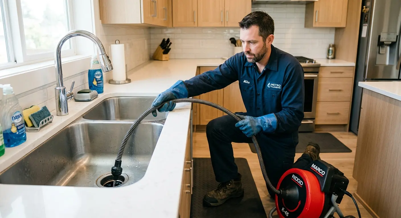 Drain cleaning technician using a motorized snake on a kitchen sink in Sebastopol