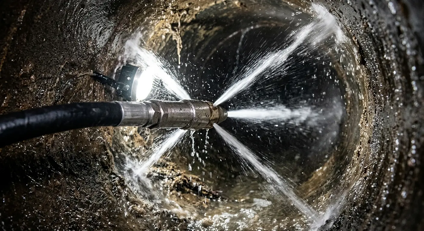 High-pressure hydro jetting nozzle cleaning sewer pipe for Sewer Cleanout in Sebastopol