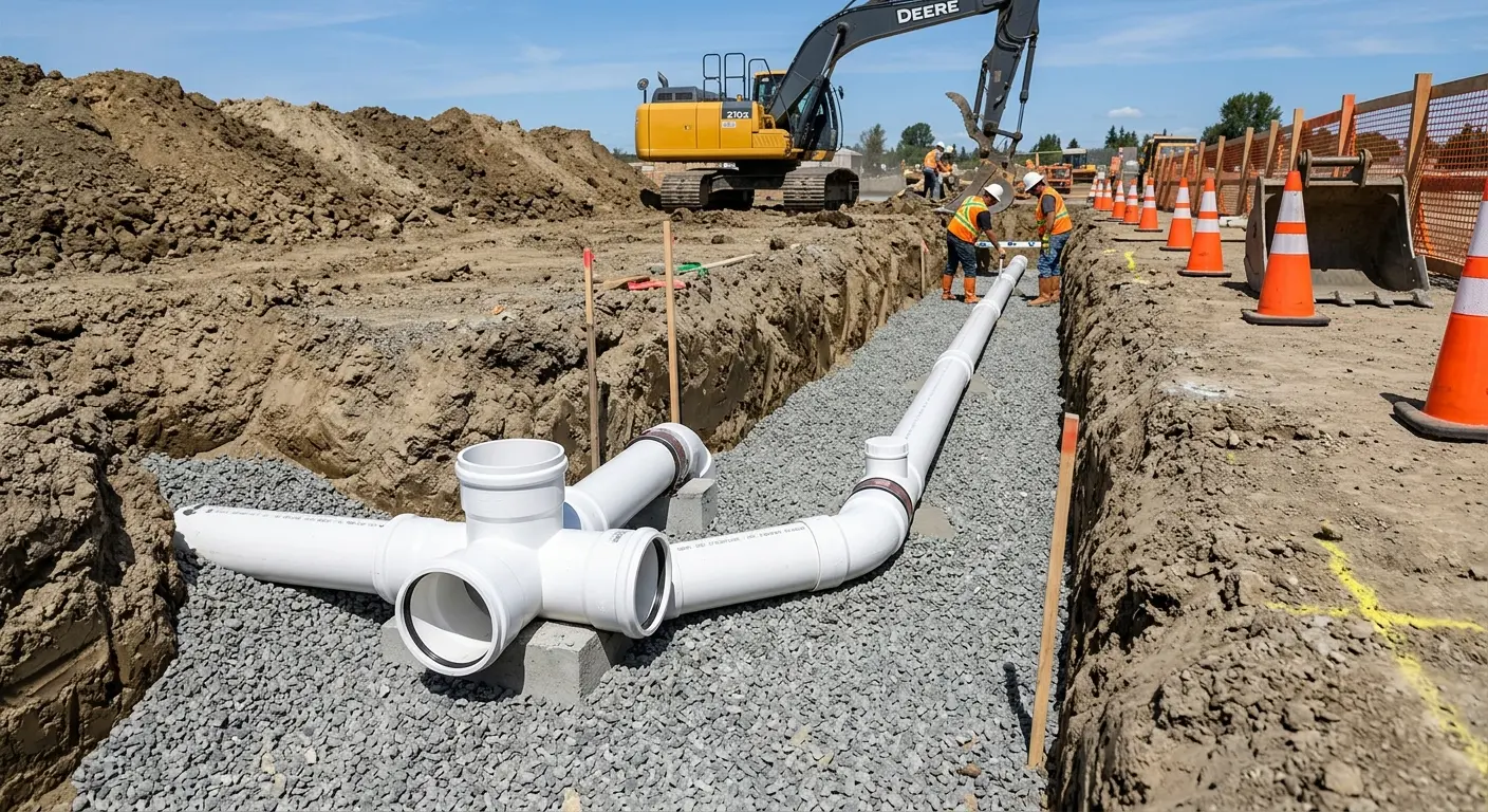 New PVC sewer pipe installation in open trench for Sewer Backup in Sebastopol