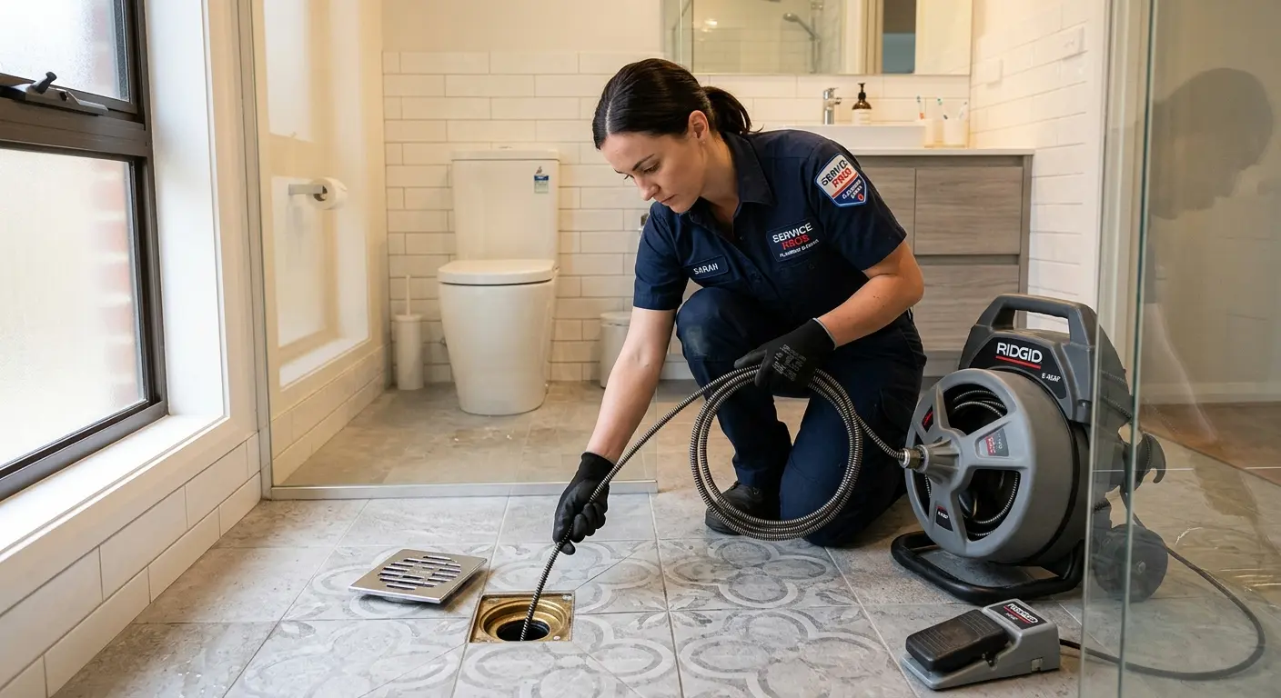 Technician clearing a bathroom floor drain for Hydro Jetting in Sebastopol